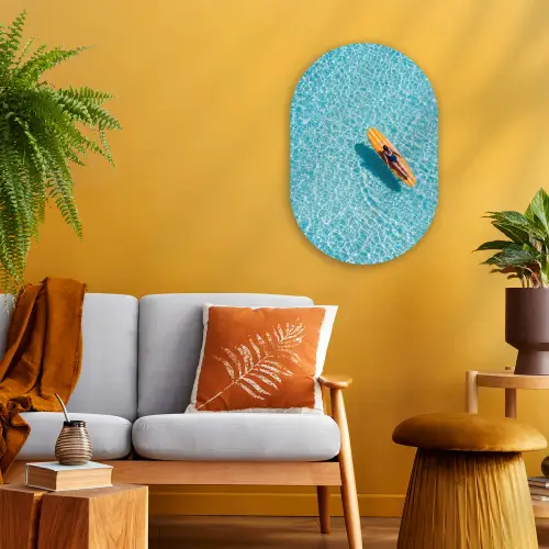 Surfboard - Water - Badpak - Oranje Wandcirkel Ovaal Forex klein -sfeer4