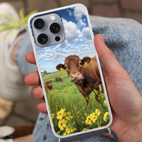 Koe - Weide - Bloemen Hoesje iPhone 16 Pro Max met koord klein -sfeer3