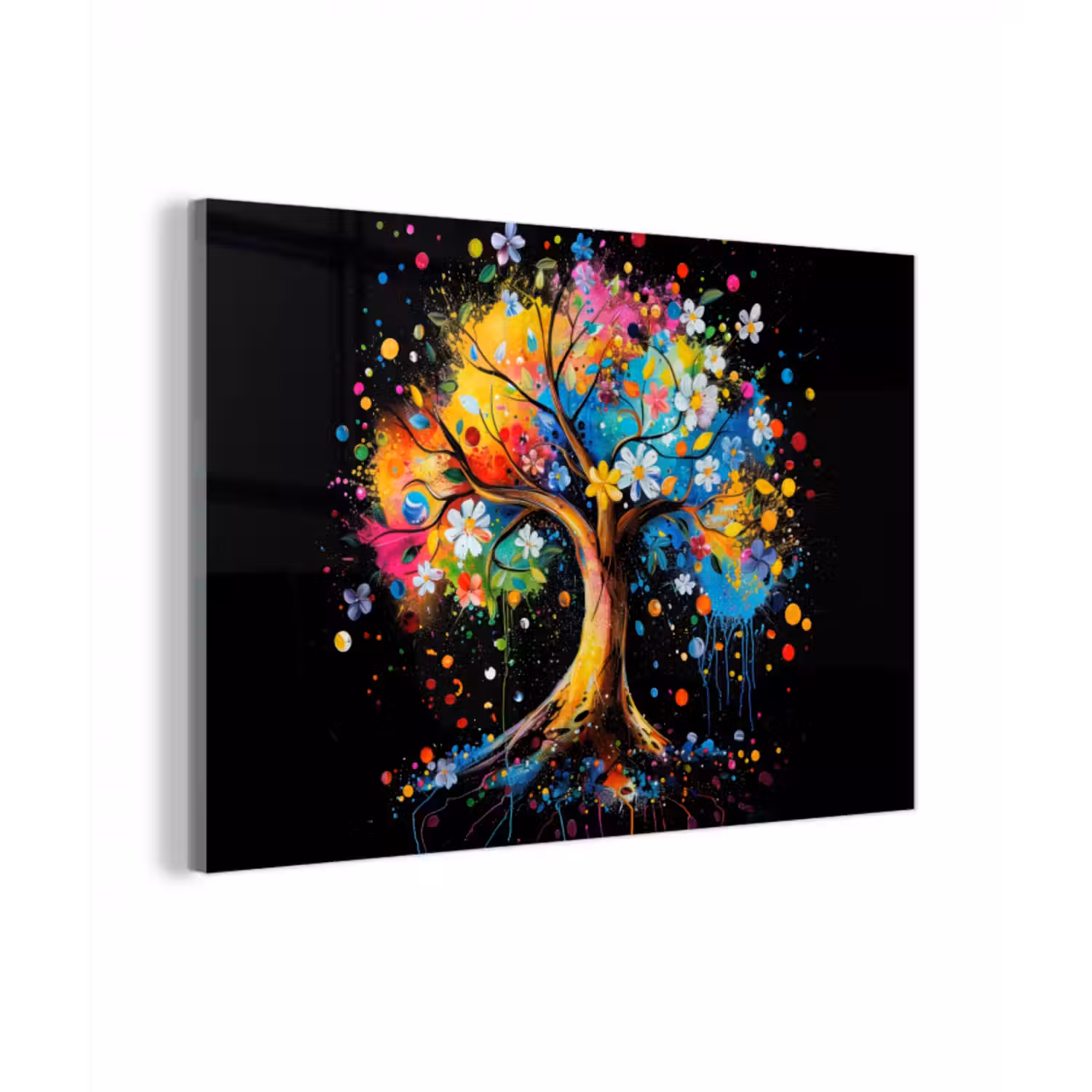 Glasbild - Baum - Bunt - Blumen - Schwarz