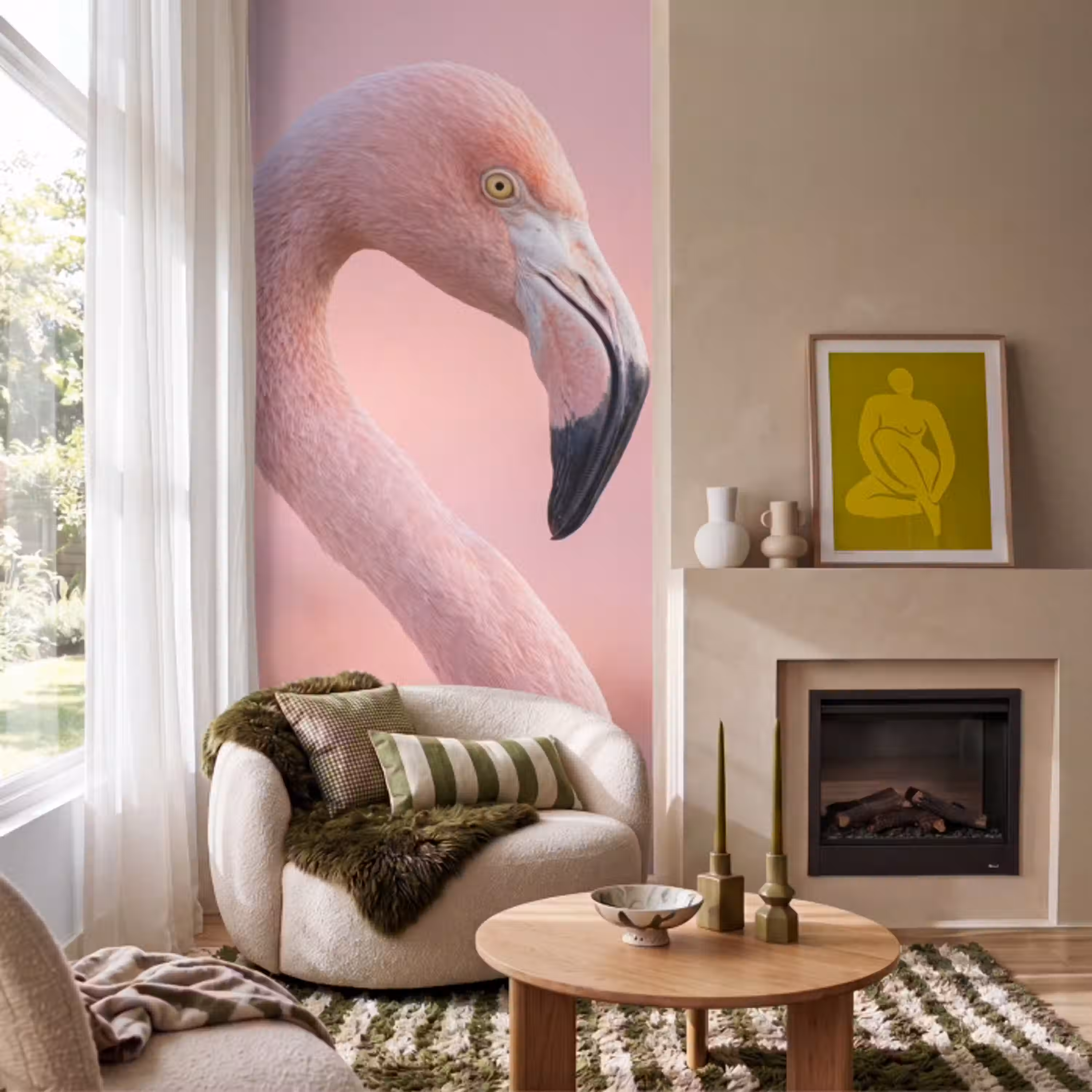 Flamingo - Portret - Roze Behang Vlies klein -sfeer2