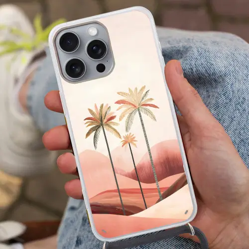 Palmbomen - Heuvels - Minimalistisch - Zachtroze Hoesje iPhone 16 Pro Max met koord klein -sfeer3