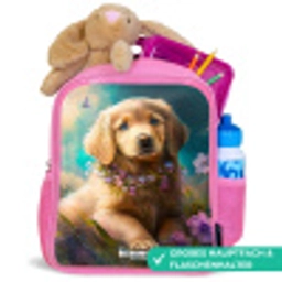 Goudkleurige puppy in het gras Kinderrugzak - Roze middel -inhoud_DE