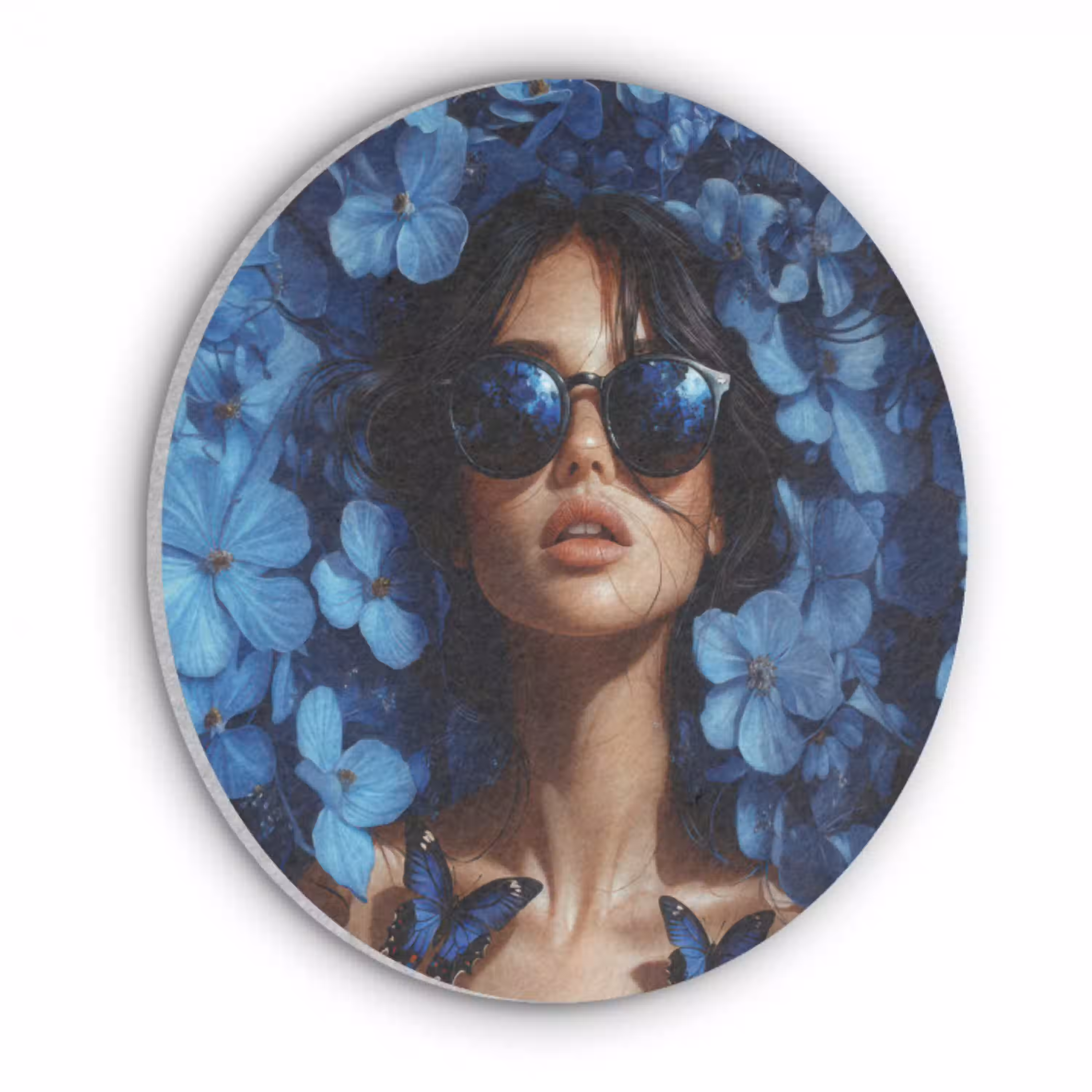 Vrouw - Blauw - Bloemen - Vlinders - Natuur Akoestische PET Vilt - Rond klein -3d