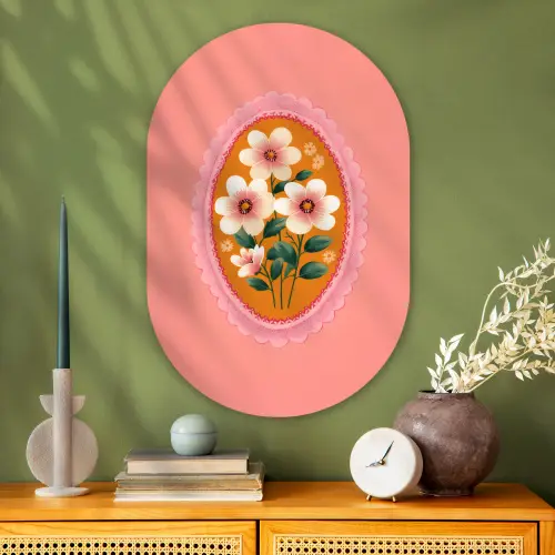 Illustratie - Bloemen - Rand - Roze Wandcirkel Ovaal Glas middel -sfeer2