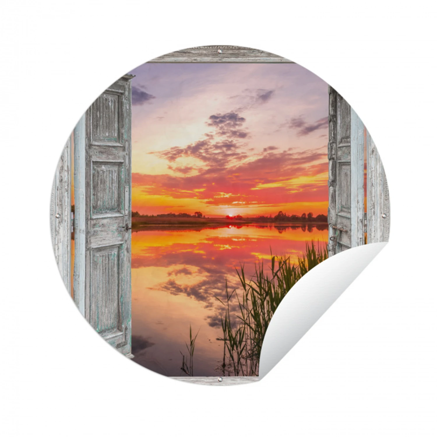 Landschap - Zonsondergang - Water - Doorkijk Wandcirkel tuinposter met ringen klein -3d