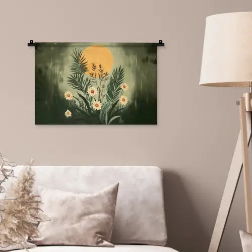 Bloemen - Bladeren - Zon - Groen Wandkleed katoen klein -sfeer4