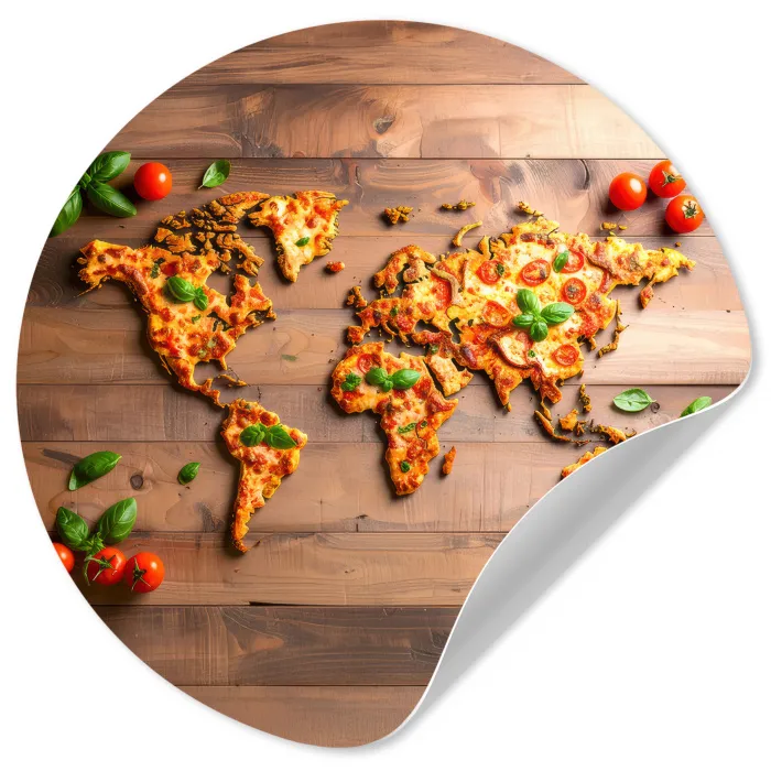 Wereldkaart - Pizza - Houten ondergrond Wandcirkel behangsticker klein -3d