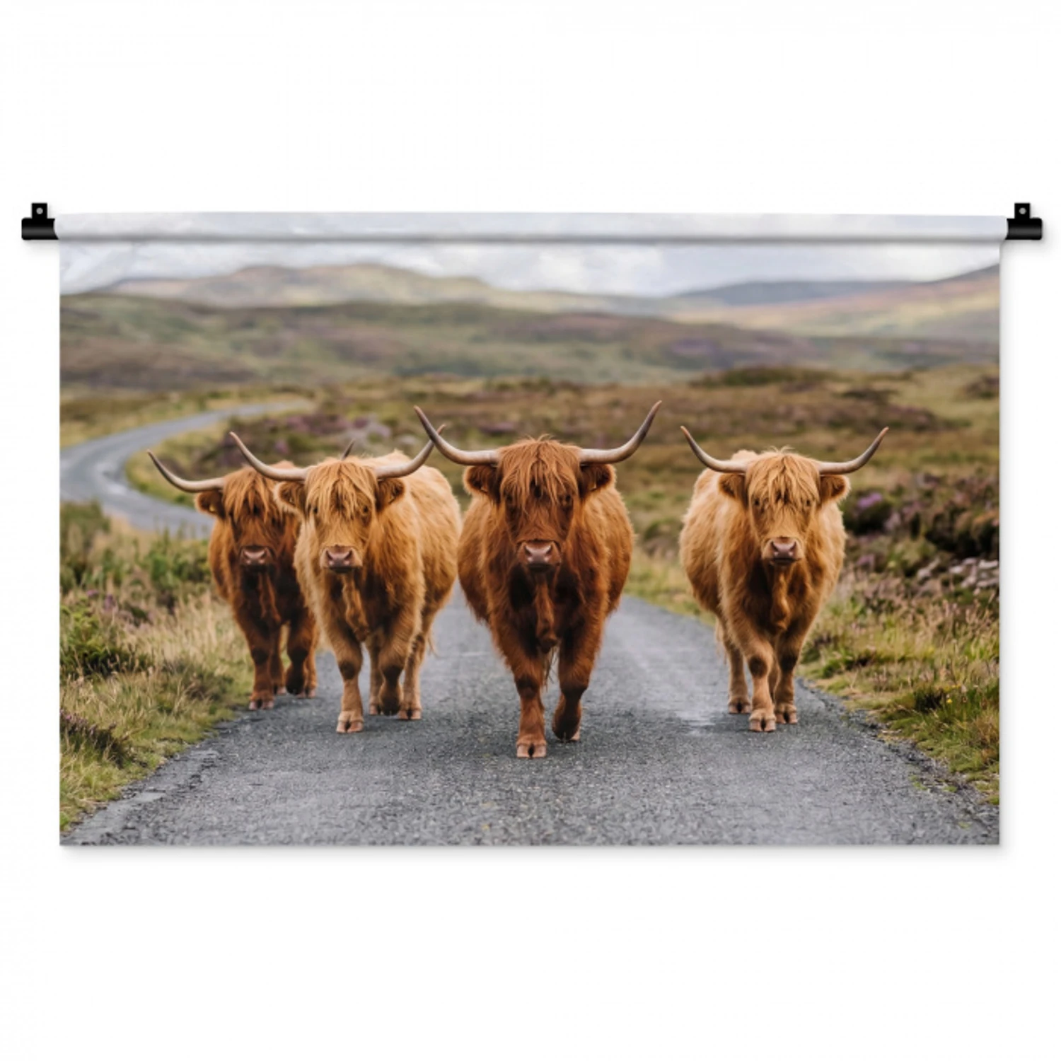 Schotse Hooglanders - Weg - Landschap - Kudde Wandkleed katoen middel -zz3d