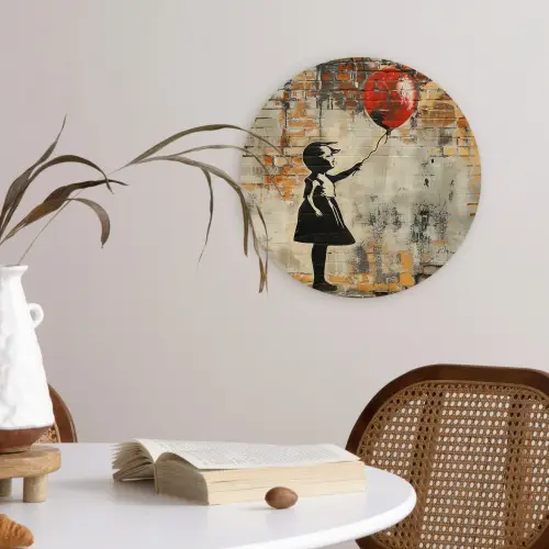 Graffiti - Banksy - Meisje - Street art Wandcirkel kunststof plaat 5mm dik klein -sfeer4