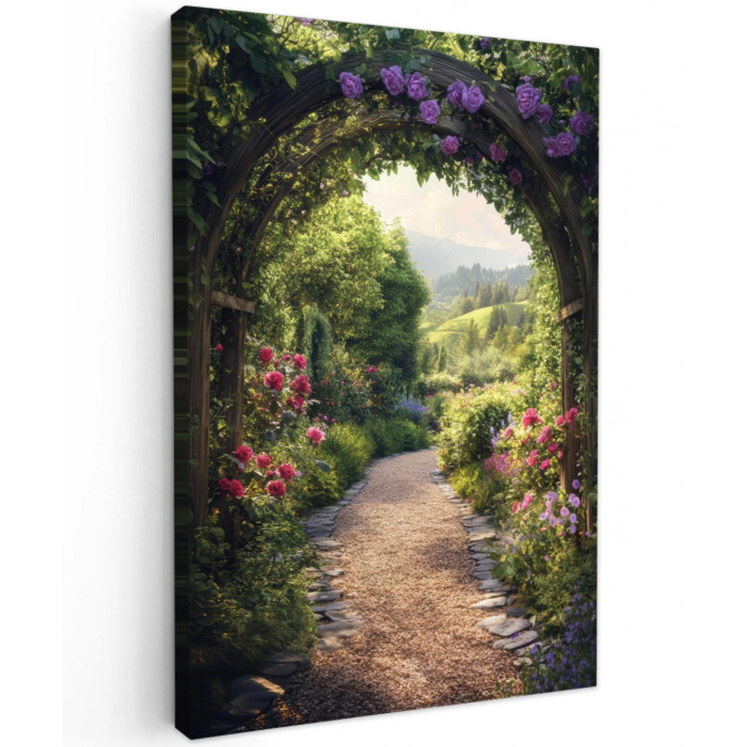 Doorkijk - Landschap - Bloemen - Tuinboog - Natuur Tuinposter op houten frame 2 cm dik klein -3d