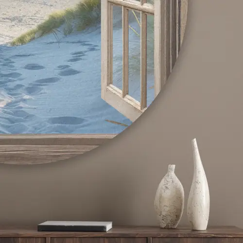 Doorkijk - Strand - Raam - Duinen - Zee Akoestische PET Vilt - Rond klein -sfeer5_closeup