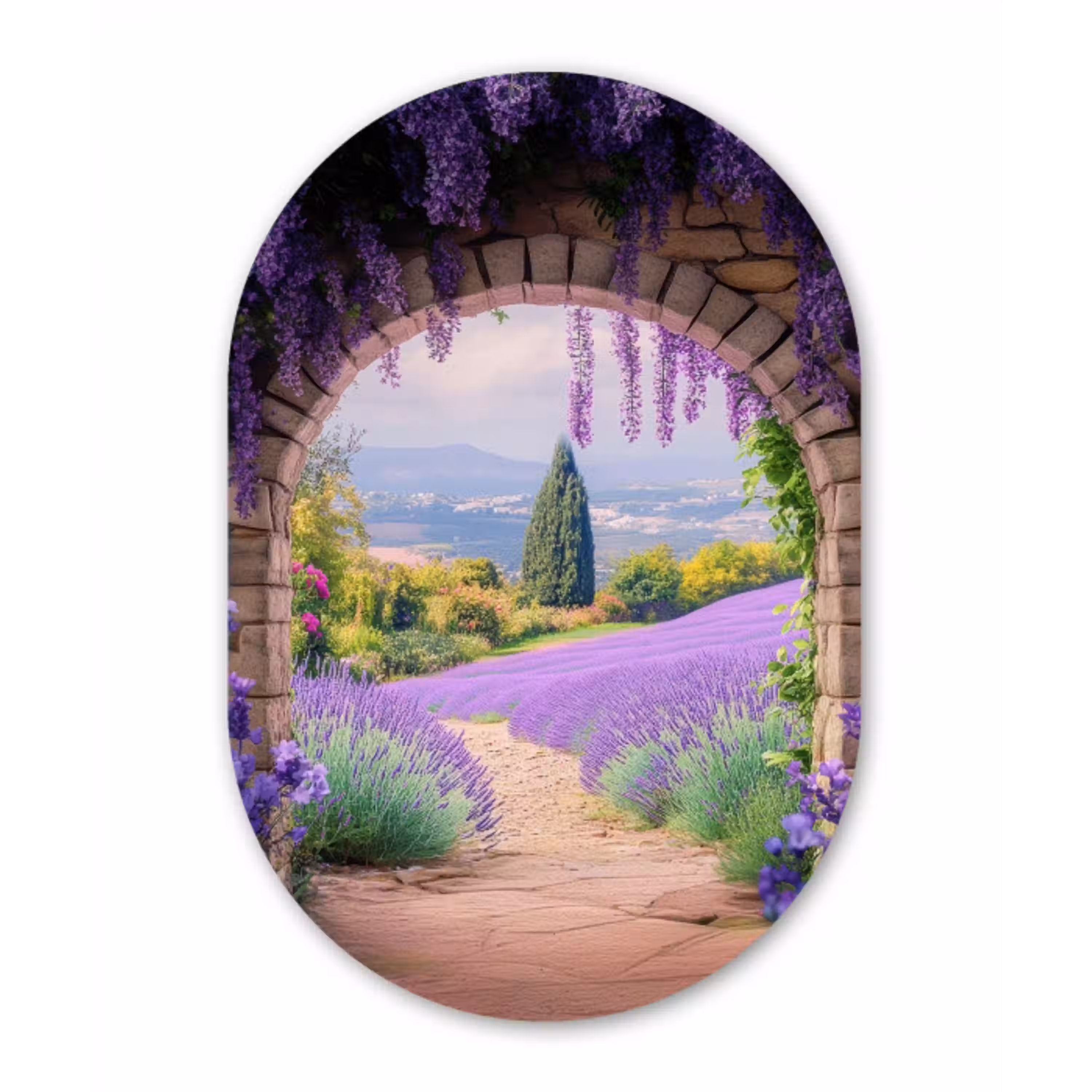 Doorkijk - Lavendel - Bloemen - Paars - Poort Wandcirkel Ovaal Aluminium middel -3d
