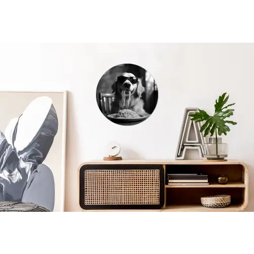 Golden Retriever - Hond - Vrolijk -  Bord spaghetti - Zwart - wit Wandcirkel aluminium klein -kantoor