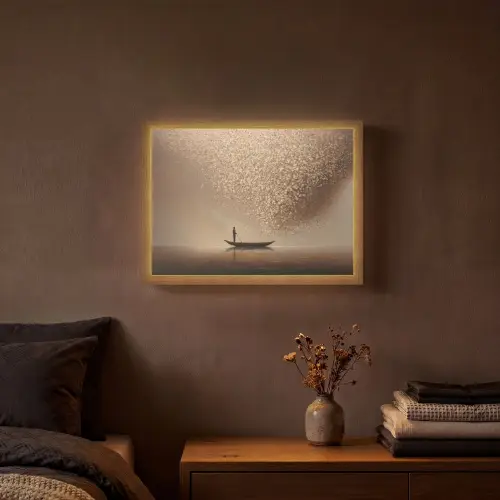 Bootje - Blaadjes - Goud - Water Light Box met batterij (Wandlamp) middel -sfeer4