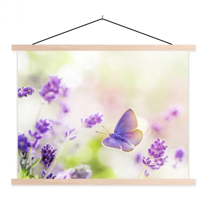 Lavendel - Vlinder - Bloemen textielposter latten blank klein -3d