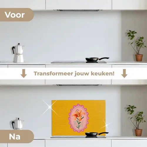 Lelie - Oranje - Lijst - Ovaal keuken achterwand spatscherm klein -voor_na_NL