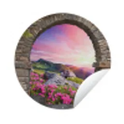 Landschap - Doorkijk - Bloemen - Berg Wandcirkel tuinposter met ringen klein -3d