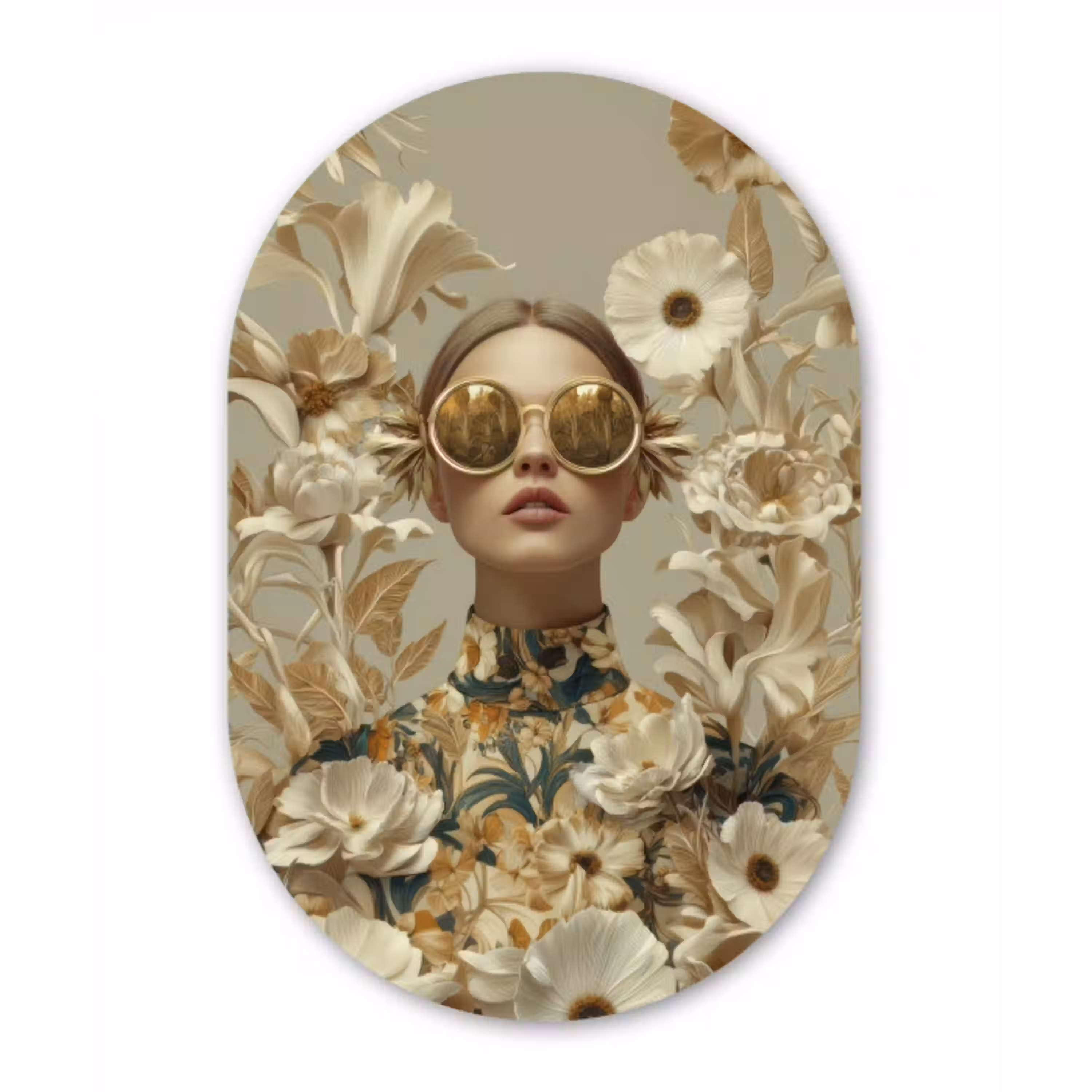 Vrouw - Bloemen - Zonnebril - Wit Wandcirkel Ovaal Aluminium middel -3d