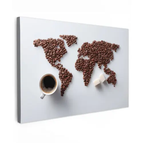Wereldkaart - Koffiebonen - Suikerklontjes Tuinposter op houten frame 2 cm dik klein -3d