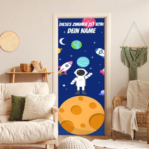 Astronaut steht auf Planet im Weltraum. deurposter klein -sfeer2