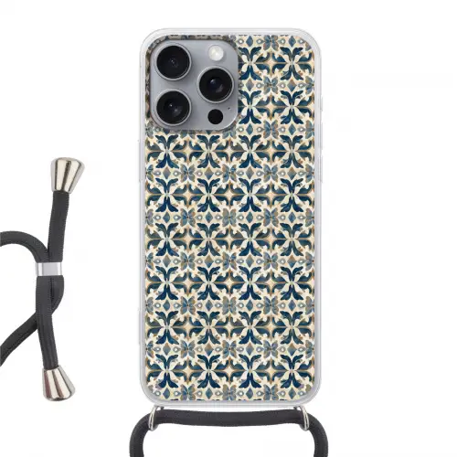 Tegel - Patroon - Blauw - Beige Hoesje iPhone 16 Pro Max met koord klein 804 -3d