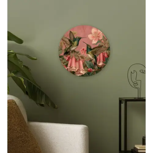 Kolibries - Bloemen - Groen - Roze Wandcirkel kunststof plaat 5mm dik klein -sfeer3