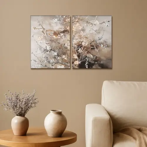 Amandelbloesem - Abstract - Beige Canvas - Meerluiken 2 luik klein -sfeer1