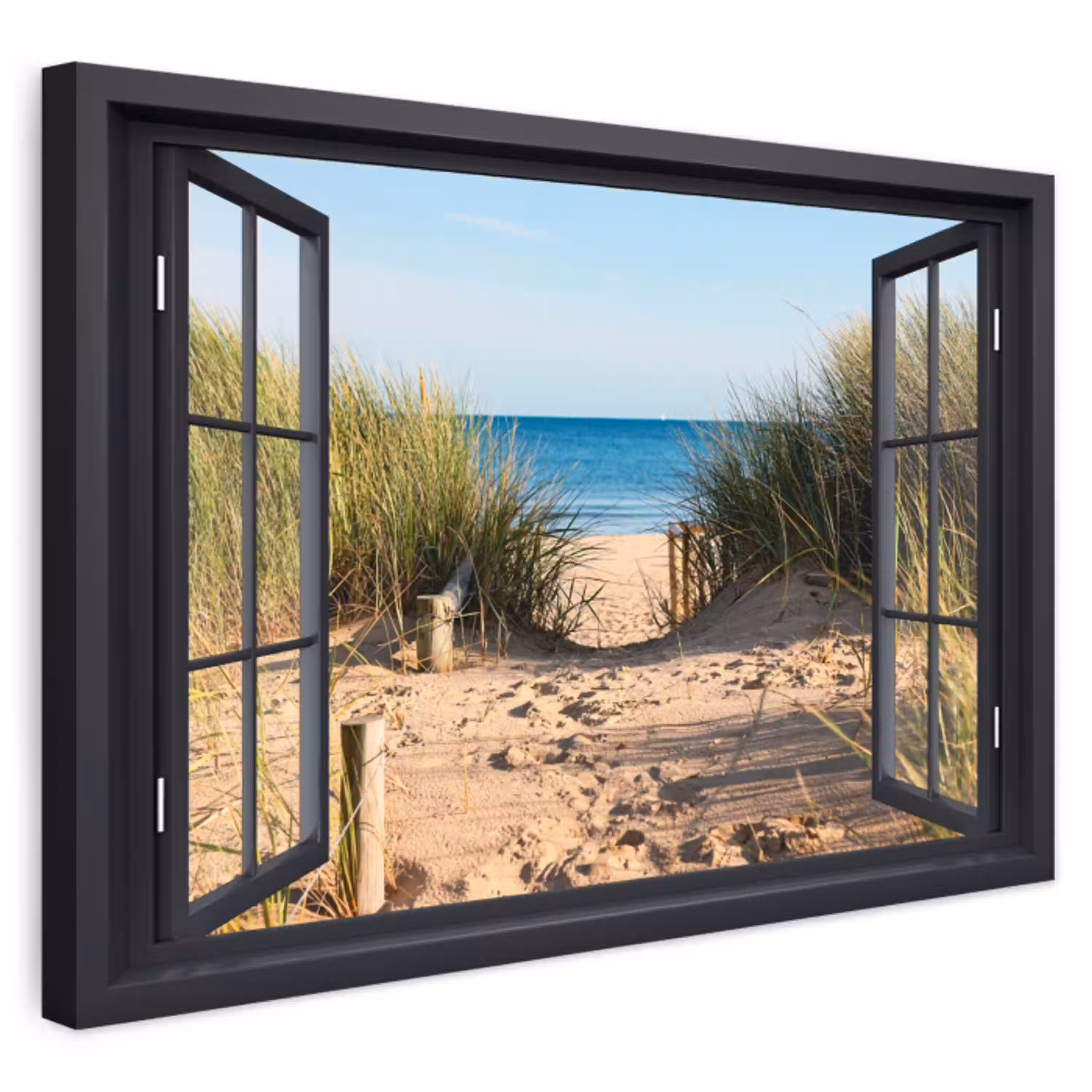 Doorkijk - Strand - Zee - Zand - Water - Helmgras - Duinen Tuinposter op houten frame 2 cm dik klein -3d