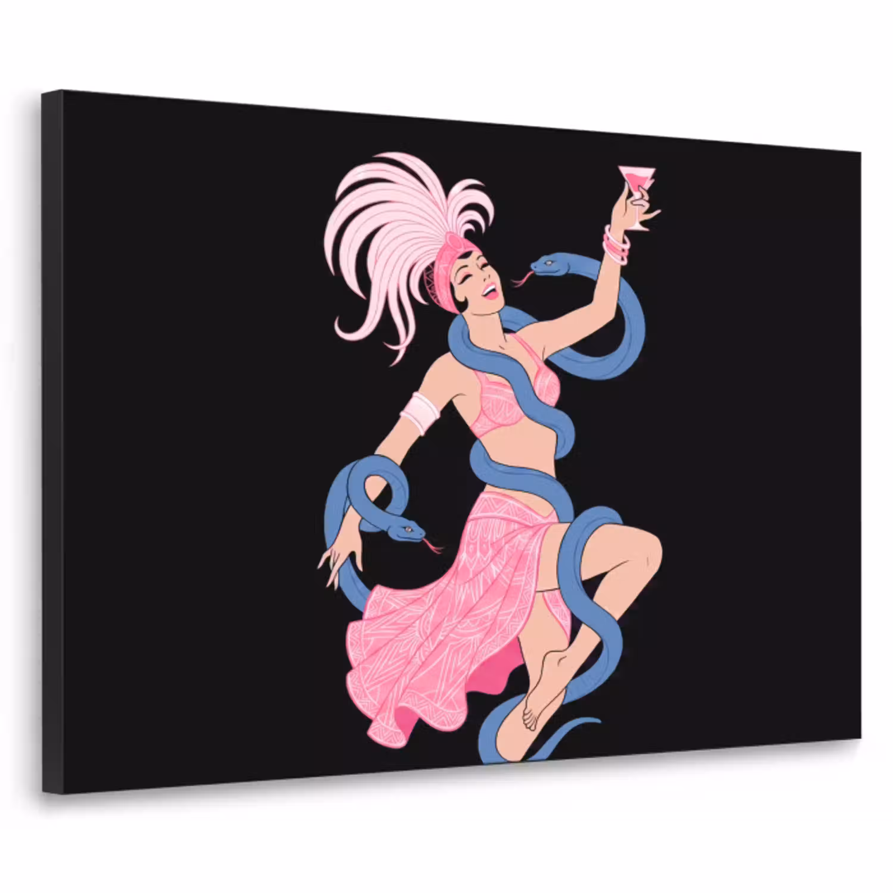 Vrouw - Danseres - Slangen - Art Deco - Roze Textielframe zwart klein -3d