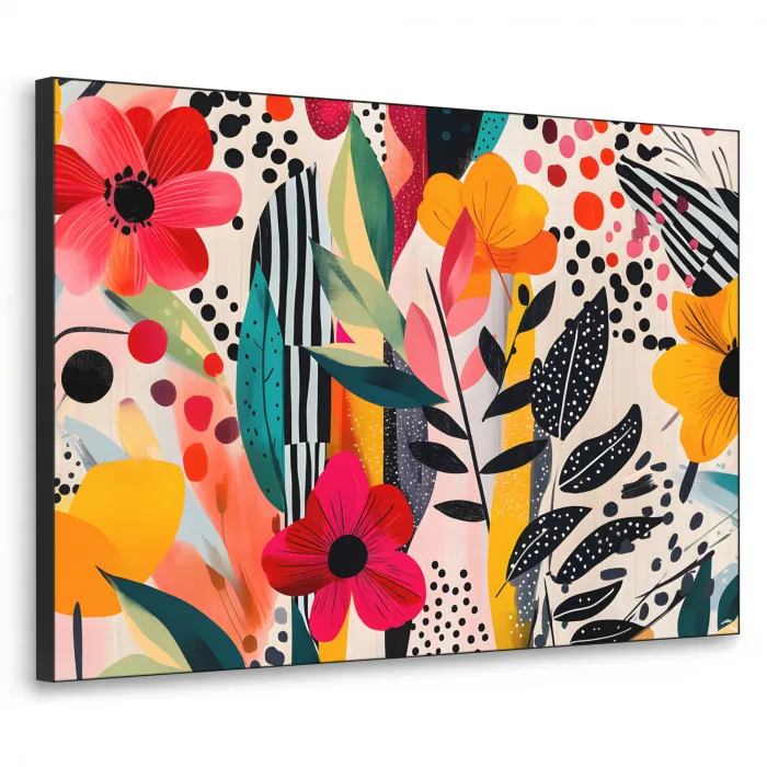 Bloemen - Bladeren - Abstract - Kleurrijk Textielframe zwart klein -3d