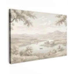 Rivierlandschap - Bergen - Natuur - Vintage - Beige canvas 2cm klein -z3d