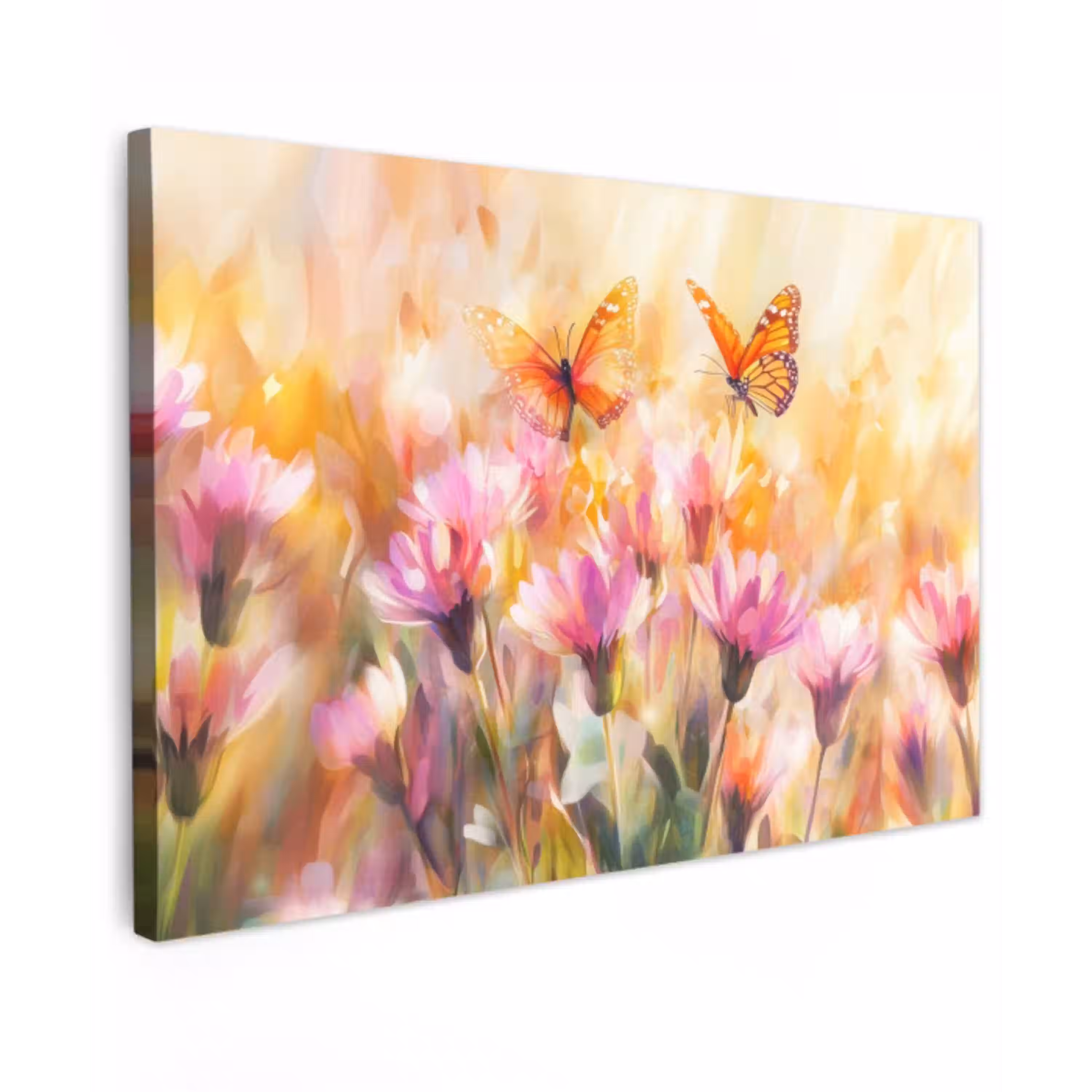 Vlinders - Oranje - Bloemen Tuinposter op houten frame 2 cm dik klein -3d