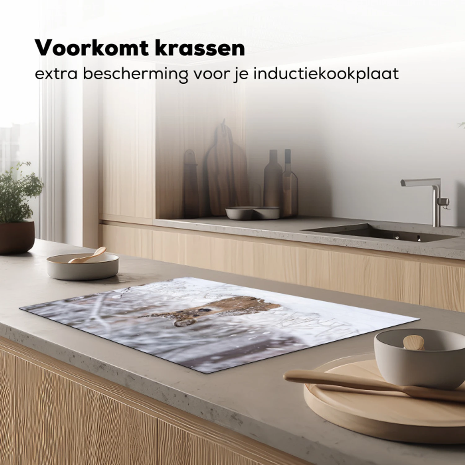Hert - Sneeuw - Bos - Dieren - Vertederend Inductie beschermer vinyl 3mm klein -sfeer1