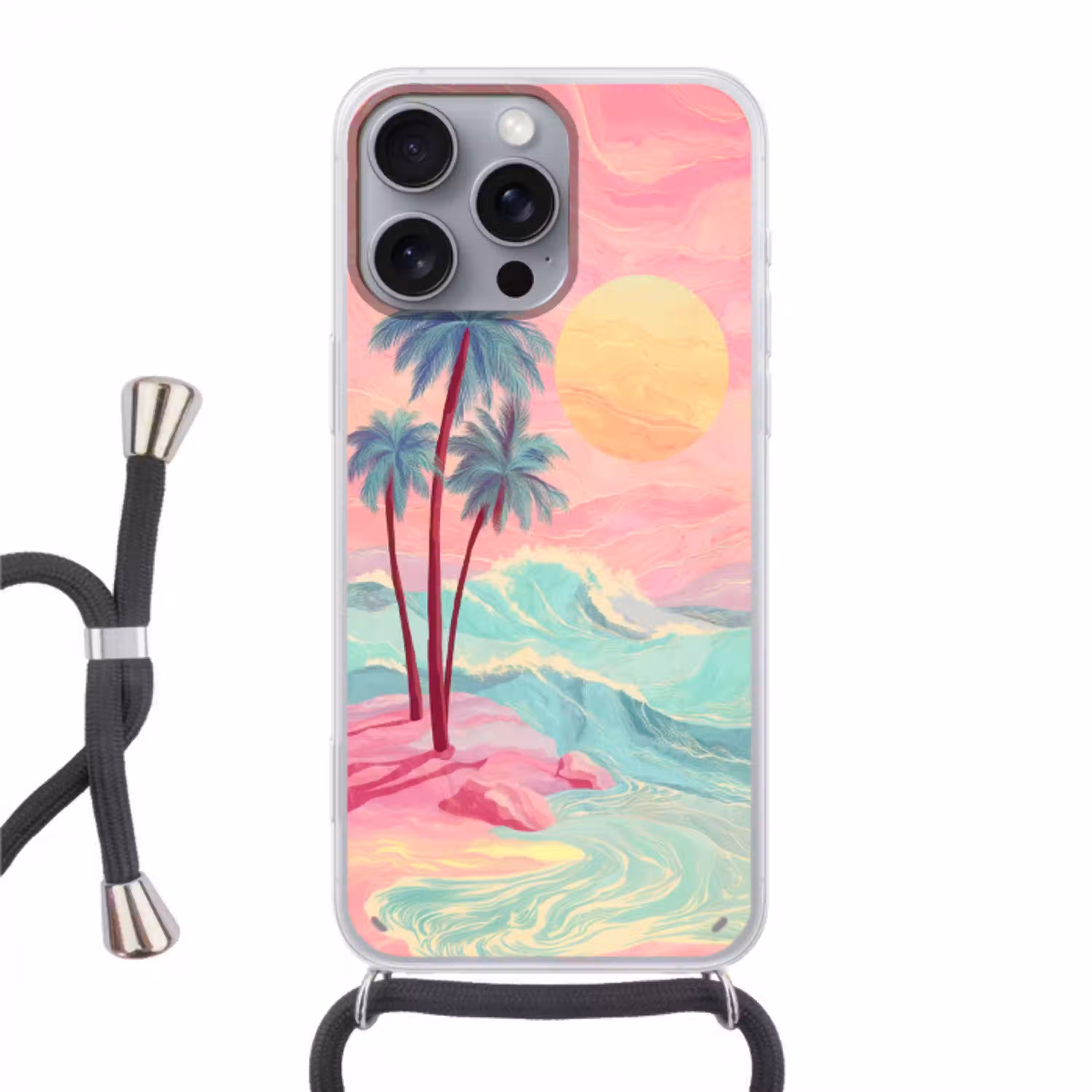 Palmbomen - Golven - Zee Hoesje iPhone 16 Pro Max met koord klein -3d