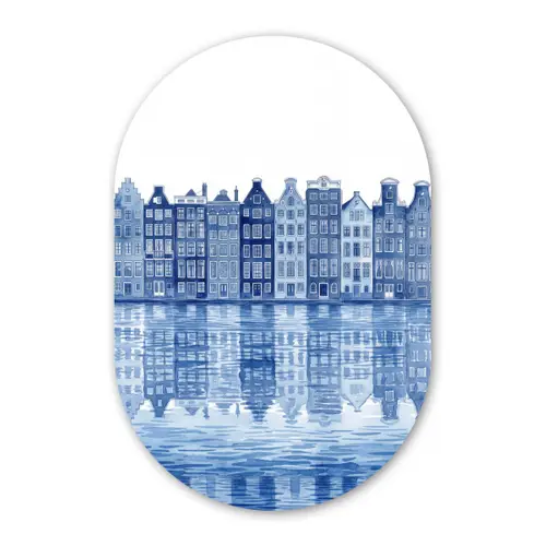 Aquarel - Grachtenpanden - Delfts - Blauw Wandcirkel Ovaal Forex klein -3d
