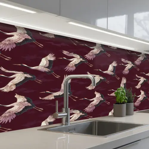 Kraanvogels - Klassiek - Bordeaux keuken achterwand 2 middel 871 -3d_schuin