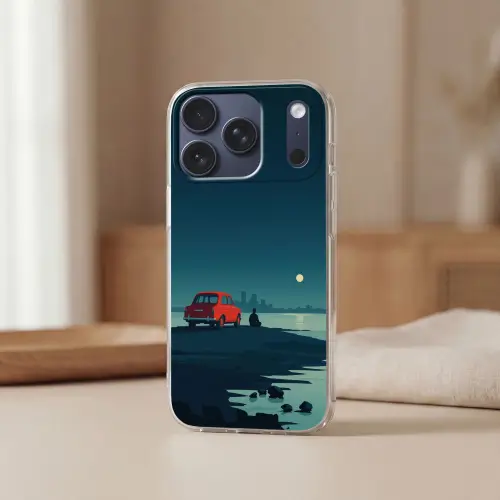 Auto - Volle maan - Uitkijkend over water Telefoonhoesje iPhone 17 Pro klein -sfeer2