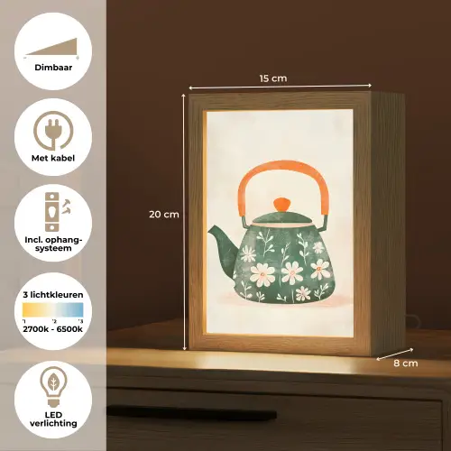 Theepot - Groen - Bloemen - Oranje Light Box met kabel (Tafellamp) klein -USP_NL