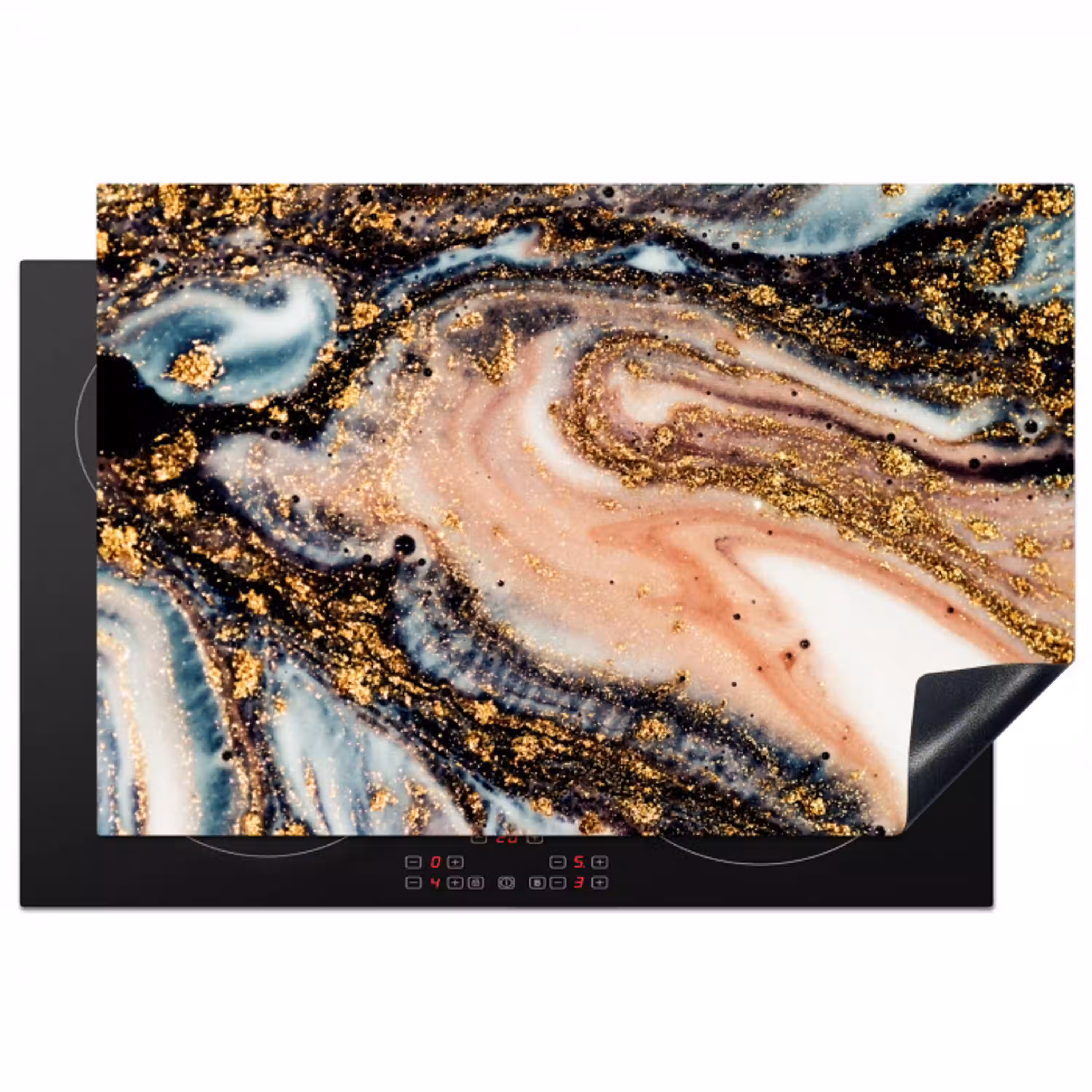 Marmerlook - Goud - Zwart - Glitter - Chic Inductie beschermer vinyl 3mm klein -3d