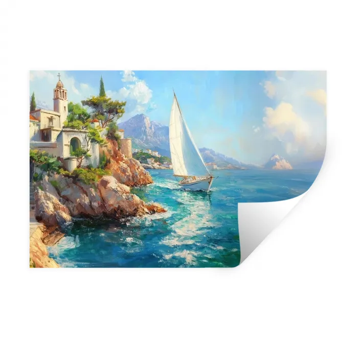 Zeilboot - Rotsen - Kust - Huizen Muursticker klein -3d
