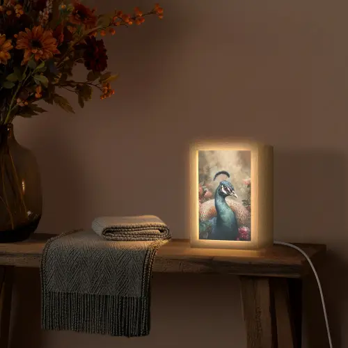 Pauw - Vogel - Bloemen - Planten - Pauwenveren Light Box met kabel (Tafellamp) klein -sfeer4