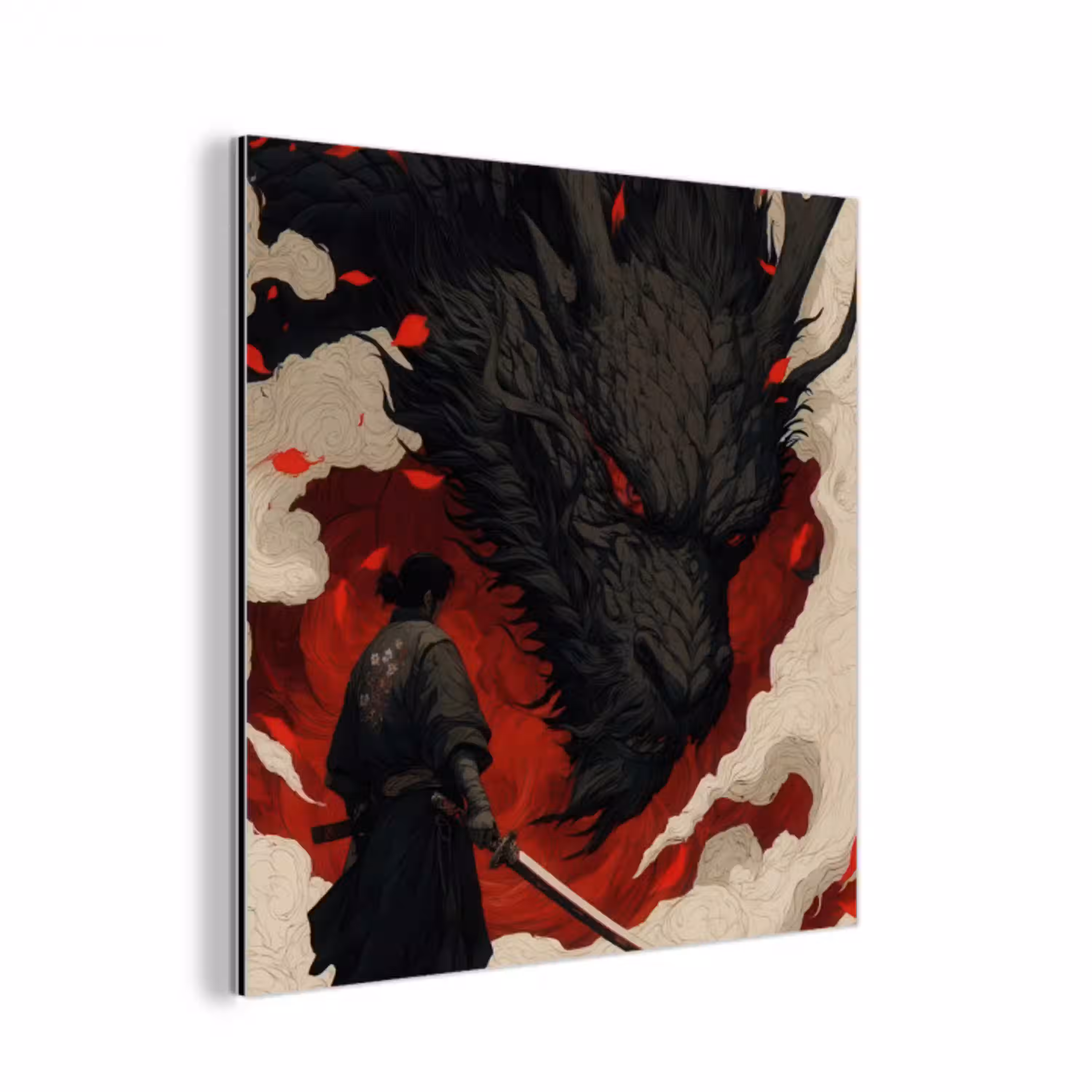 Krijger - Draak - Zwart - Rood - Rook aluminium wit klein -3d