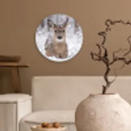 Hert - Sneeuw - Bos - Dieren - Vertederend Wandcirkel kunststof plaat 5mm dik klein -sfeer1