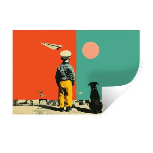 Retro - Jongen - Hond - Rood - Groen Muursticker klein -3d
