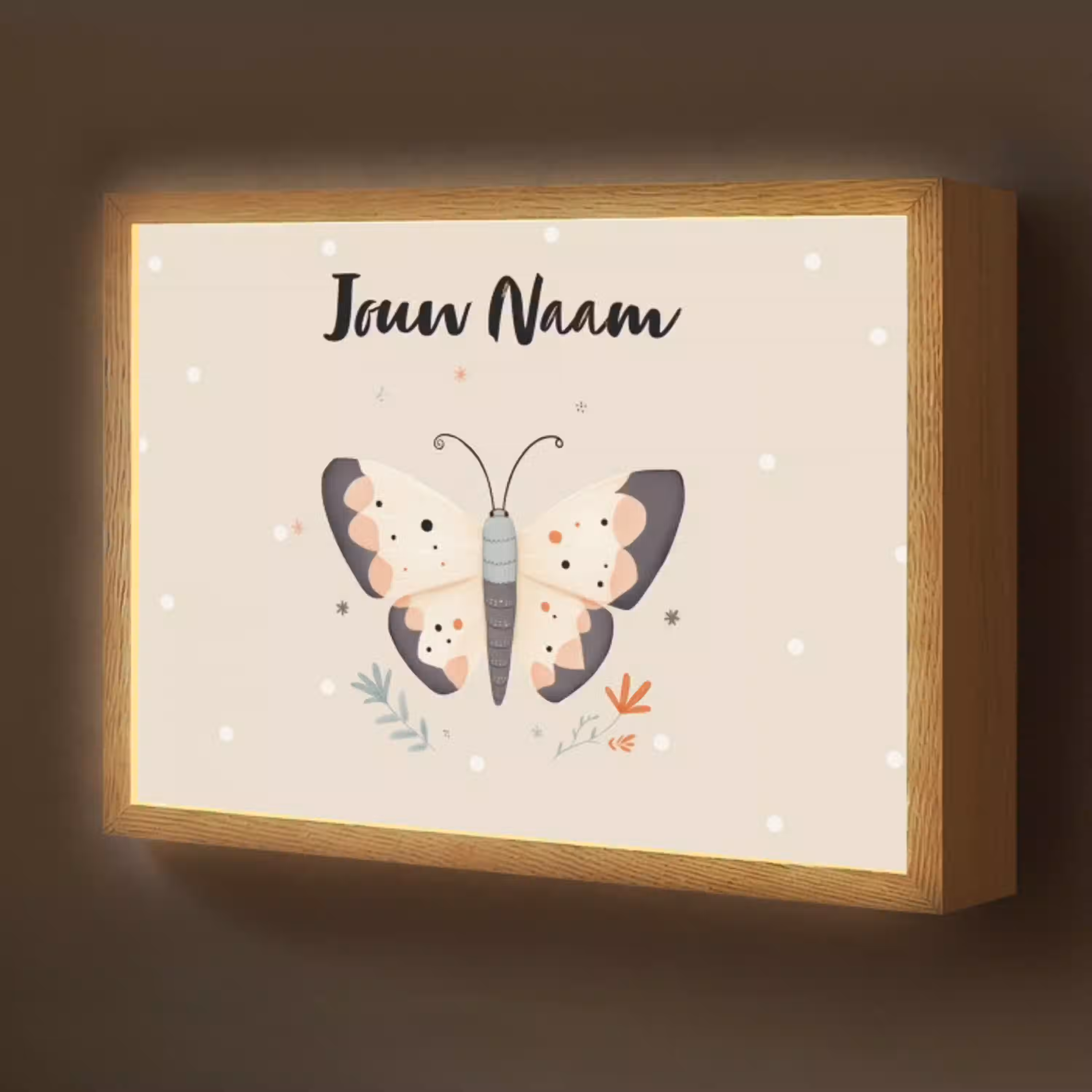 Vlinder - Stippen - Bloemen - Beige Light Box met batterij (Wandlamp kind) middel -z3d_website