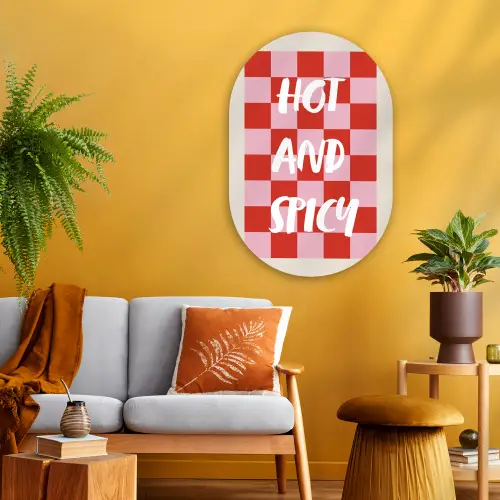 Hot - Spicy - Geruit - Rood Wandcirkel Ovaal Glas middel -sfeer4