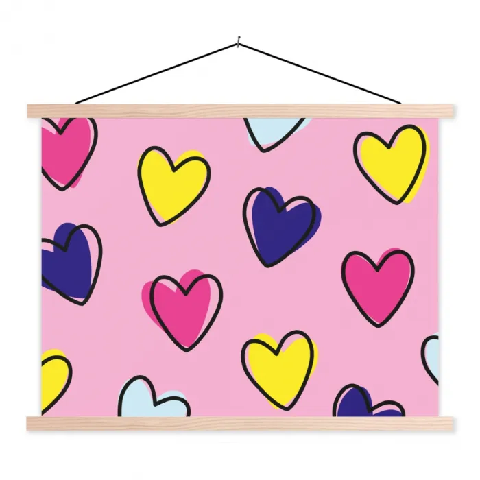 Hartjes - Valentijn - Patroon - Kleurrijk textielposter latten blank klein -3d