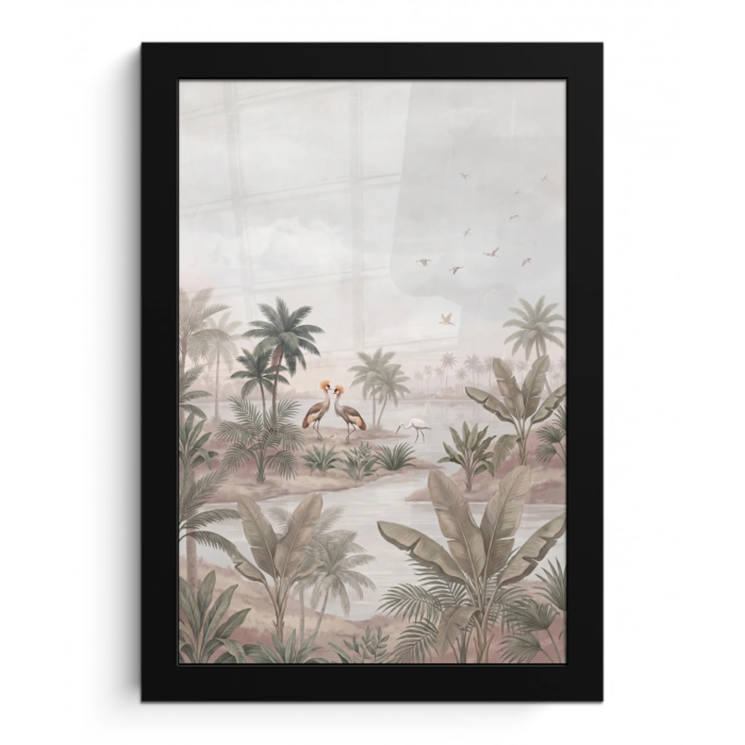 Kraanvogels - Palmbomen - Tropisch fotolijst zwart zonder passe partout klein -3d