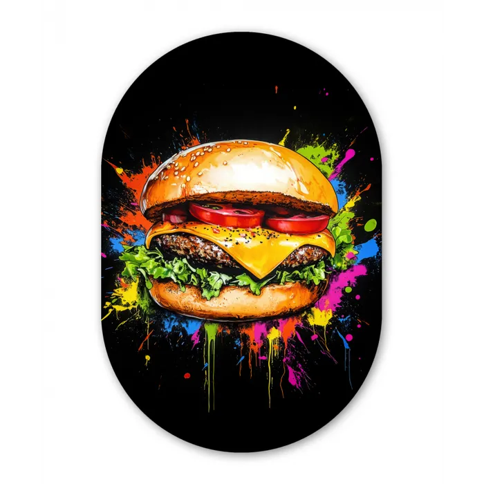 Hamburger - Graffiti - Verf - Kleurrijk - Eten - Abstract Wandcirkel Ovaal Glas middel -3d