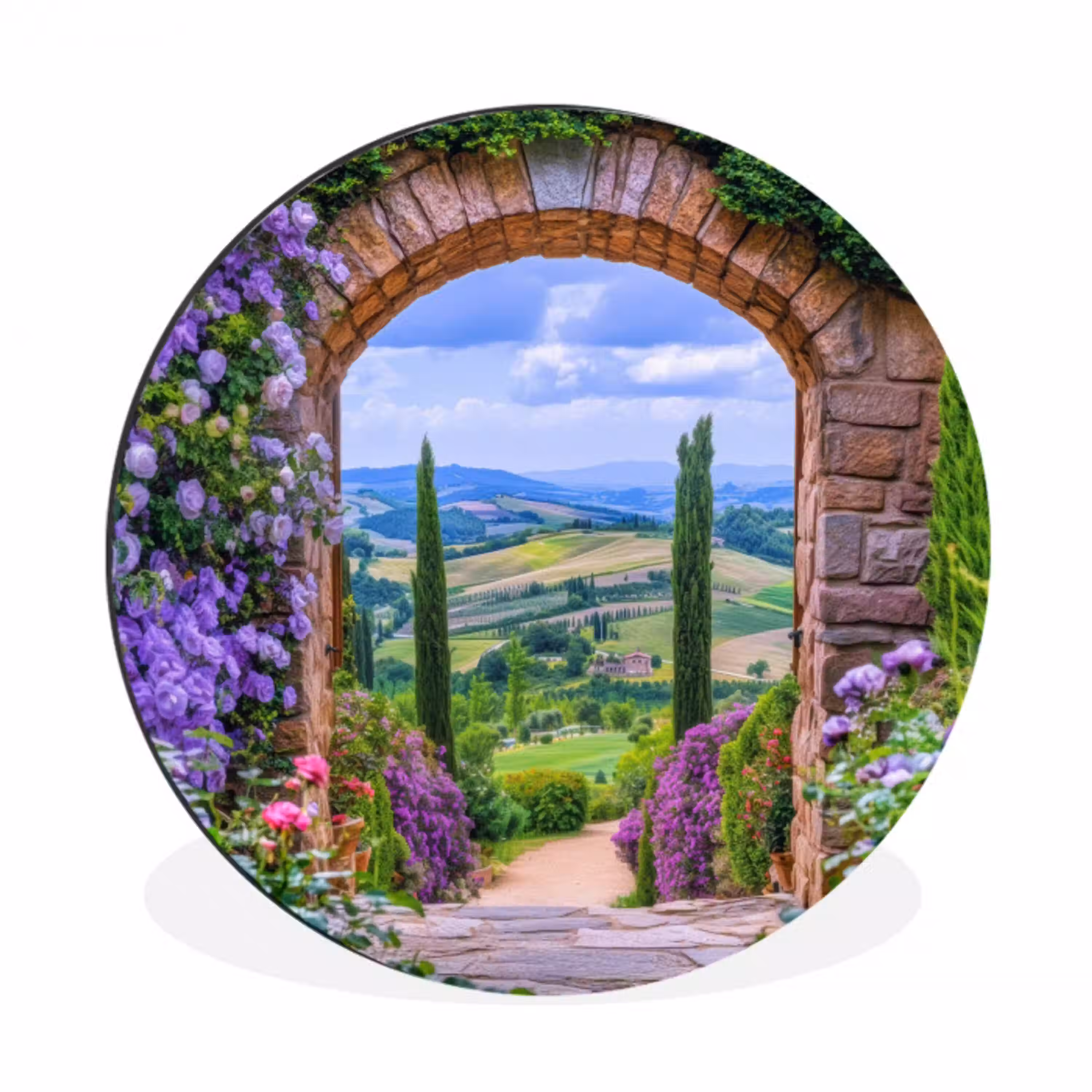 Doorkijk - Toscane - Landschap - Poort Wandcirkel aluminium klein -3d
